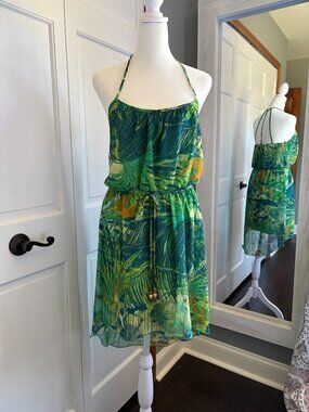 City Triangles SzS Sleeveless Halter Style Summer Dress Tropical Botanical Print